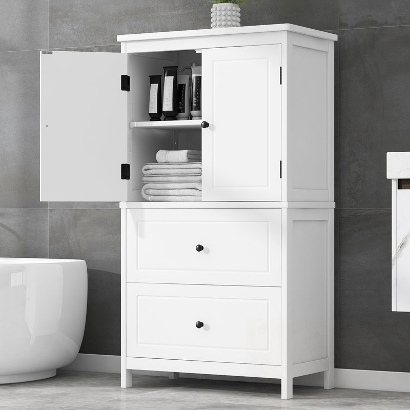 Armoire de rangement pour salle de bain avec deux portes, deux tiroirs et une tablette réglable, Blanc