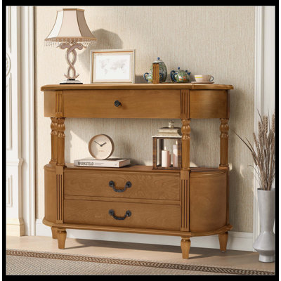 Console 43 po en bois courbé rétro - 3 tiroirs et 1 tablette de rangement, table d'entrée avec pieds en bois massif, convient comme table de canapé derrière les divans pour les salons et les couloirs, finition brune