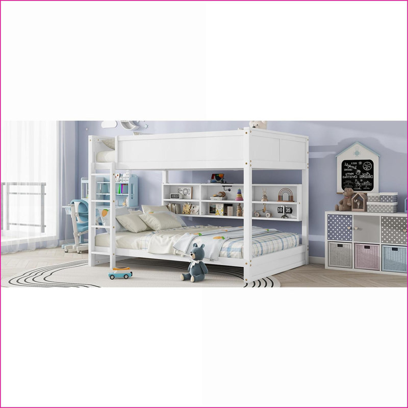 Queen Over Queen Solid Pine Wood Bunk Bed with Storage &amp; Charging Station White No Box Spring Needed