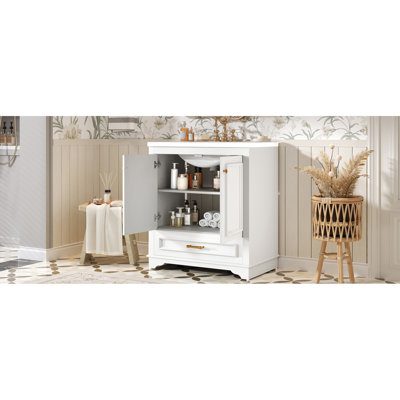 Meuble-lavabo de 30 po avec lavabo en céramique, tiroir et espace de rangement - Produit blanc moderne à utiliser, avec tablette à poignées texturées à fermeture en douceur et fonction réglable