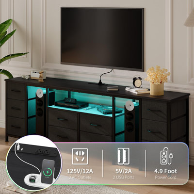 Meuble télé 10 tiroirs avec prises de courant et lumières DEL, meuble audio-vidéo avec 10 tiroirs en tissu et 2 tablettes ouvertes pour téléviseur 75/70/65 po, console média pour le salon, la chambre à coucher