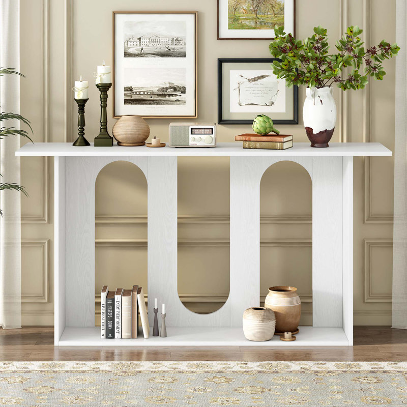 Modern And Curved Design Ash Veneer Console Table With Shelf, White
