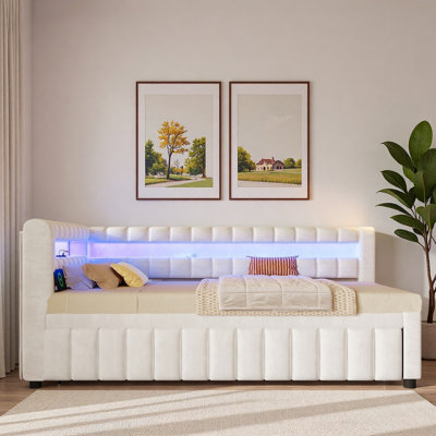 Lit de jour rembourré avec lumières DEL, ports USB et lit gigogne escamotable