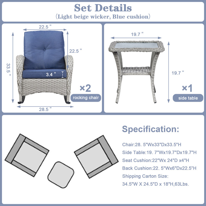 Aluel 2 - Person Rocking Chairs and Side Table Seating Group with Cushion, Light Beige Frame/Blue Cushion