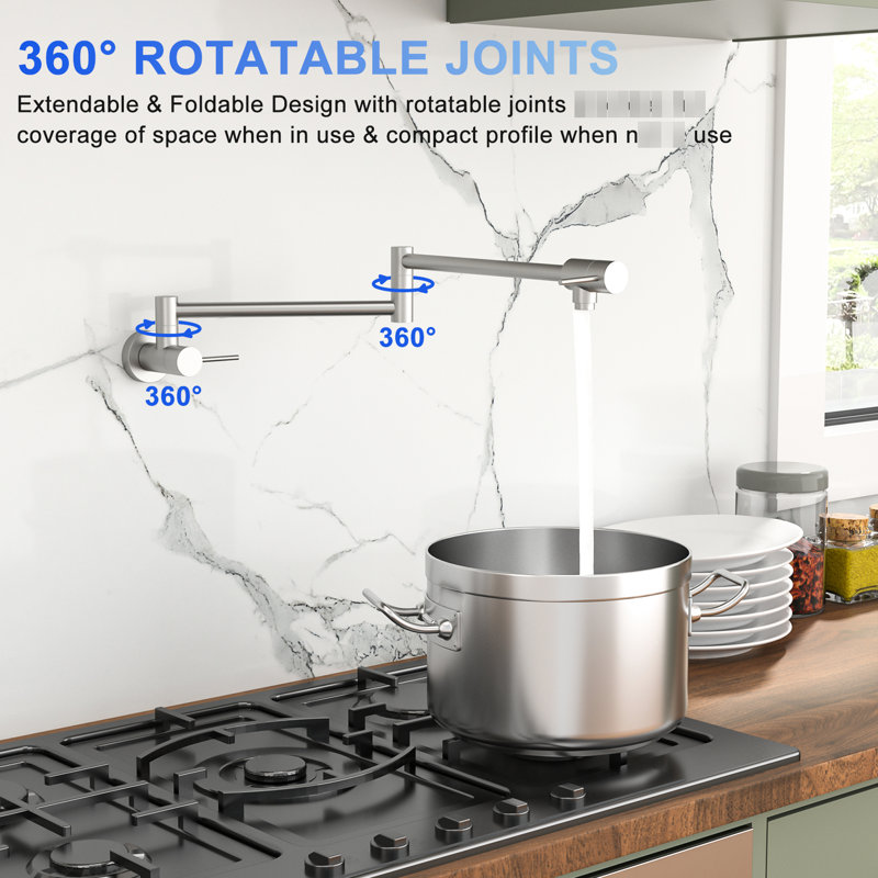 Brushed Nickel Wall Mounted Pot Filler Faucet, Single Hole Installation, Two Handles, 360 Rotatable, Foldable Arm For Kitchen Filling And Space Saving Mount, Nickel, Rotation, Design To Save