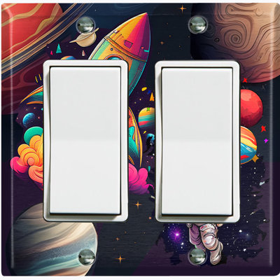 Colorful Animated Astronaut Space Ship Copper Rust Patina Teal Print 2 - Gang Duplex Outlet Standard Wall Plate