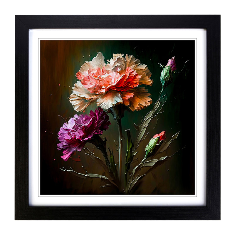 Carnation Flower Palette Knife Painting - Single Picture Frame Print on Wood, Black