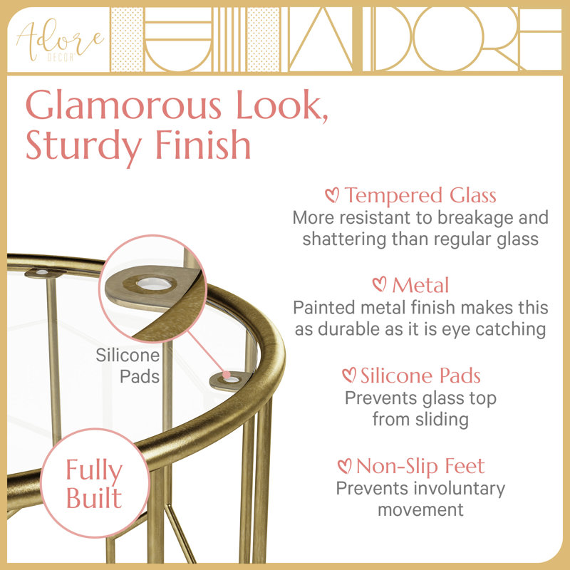 Adore Decor Harper Round 17" Gold Metal & Glass Accent Side Table