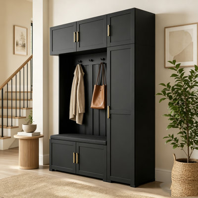4-in-1 Hall Tree with Padded Bench, 4 Hooks, and Multi-Tier Storage Shelves