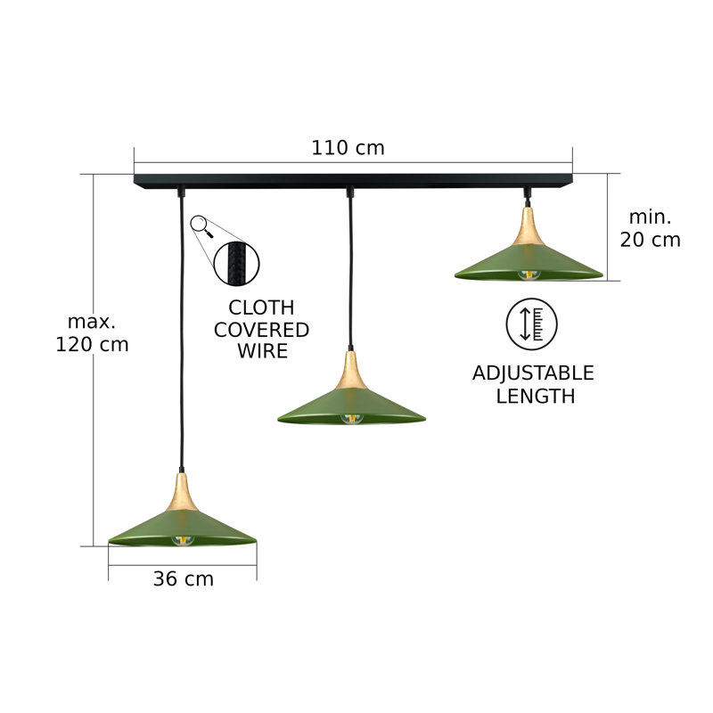 - Light Matte Black Dome Pendant, 120cm H x 125cm W x 36cm D, 3 Lights, Gold/Khaki