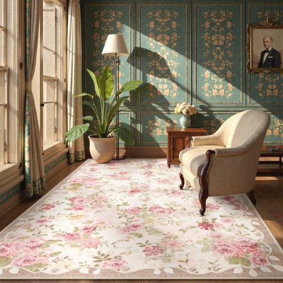 Kaldi Floral Washable Vintage Soft Non Slp Area Rugs for Living Room Bedroom Dining Room Low Pile Ultra-Thin Boho Carpet