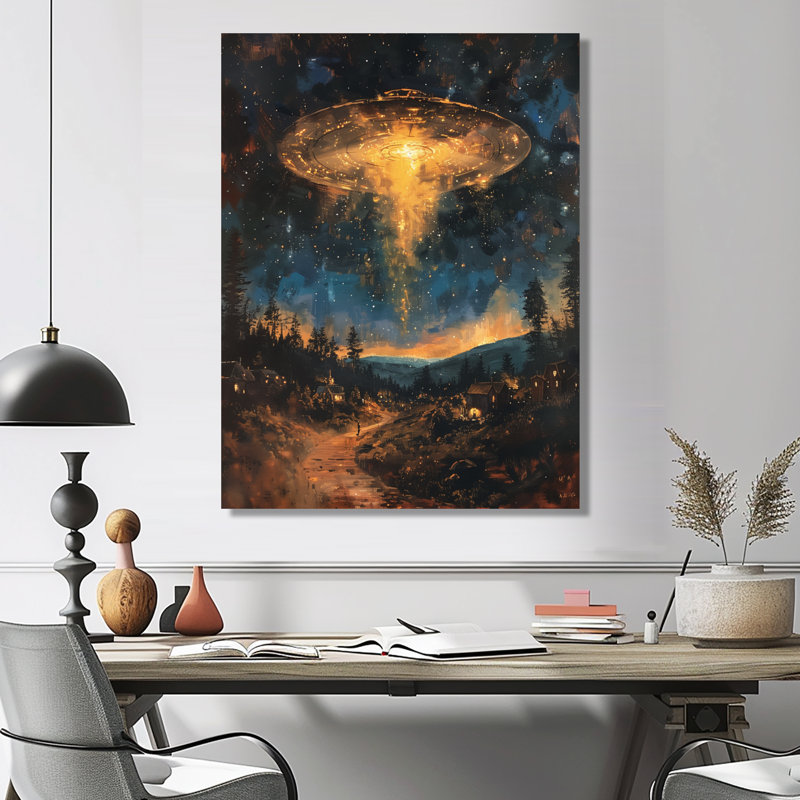 Jaune jaune bleu ciel visiteur Ufos - décoration murale Ufos, Toile tendue, H 32 po x l 24 po x P 1 po
