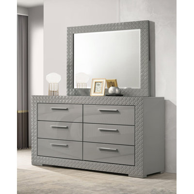 Commode 6 tiroirs et miroir gris ultrabrillant