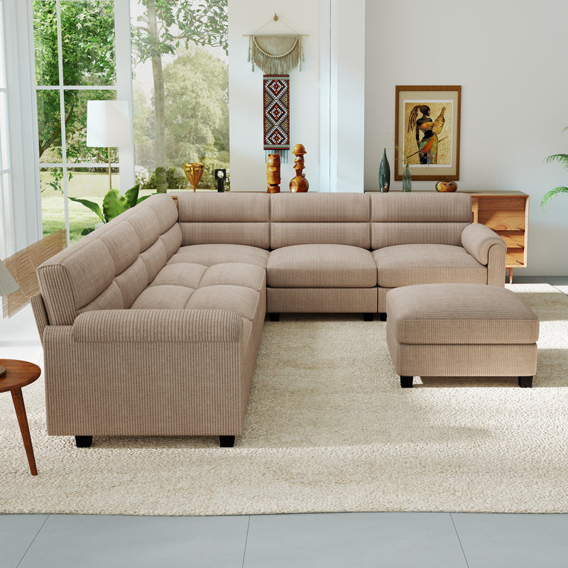 Dona 7-Piece Corduroy Upholstered Modular Sectional With Ottoman, Pillowtop Arm, Brown Corduroy