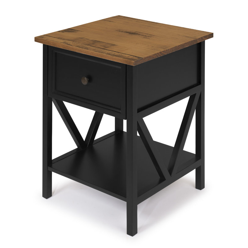 Solid Wood End Table with Storage, Rustic Oak, Black