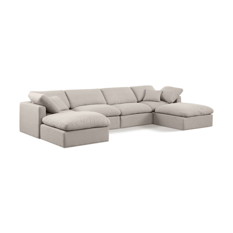 Canapé modulaire en coin 6 pièces Hinami, Tissu beige texturé en lin