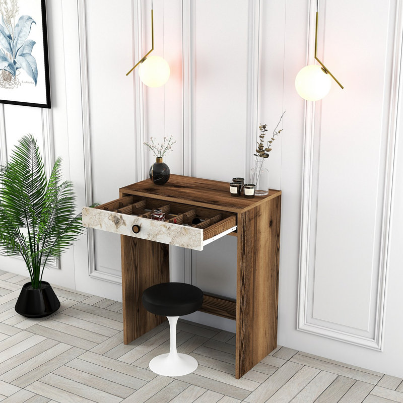 Modern Make-Up Table, Walnut & White with Marble Finish, 27.6 x 15.7 x 33.4 inches | 100% Melamine Coated Particle Board, Thickness: 0.7 inches | Sleek Design for Beauty & Vanity Spaces, Stylish & Functional