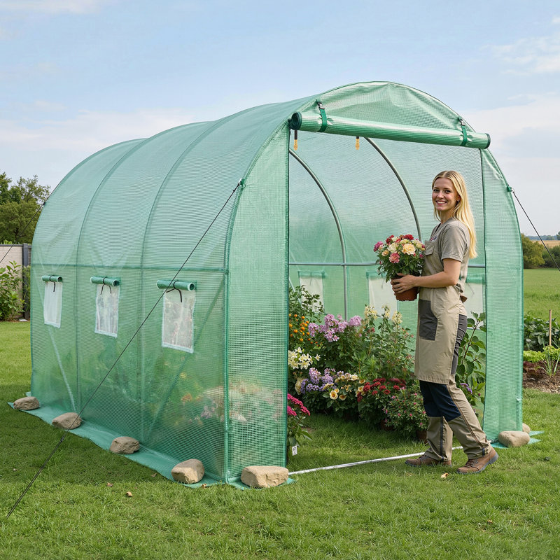 Walk-in Tunnel Greenhouse, 10 x 7 x 7 ft Hoop House Greenhouse Tunnel, Plant Hot House with 4 Nozzles, 26.25 ft Hose, Roll-up Zipper Door and 6 Windows for Outdoors, Steel Frame, PE Cover, Green