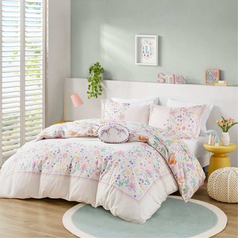 Ensemble de housse de couette réversible en coton avec coussin décoratif Floral