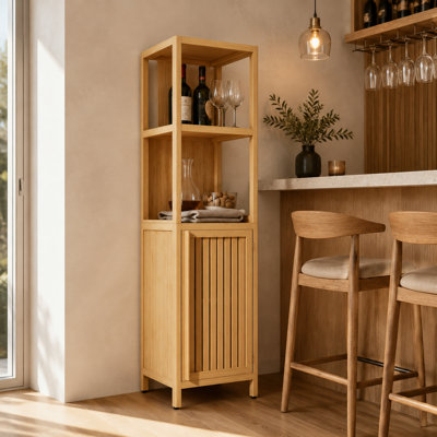 Armoire de rangement haute et étroite en bambou, colonne de rangement mince et autoportante pour salle de bain avec étagères ouvertes à 2 niveaux et porte à lattes, organisateur de rangement vertical en bois pour salle de bain, salon, cuisine