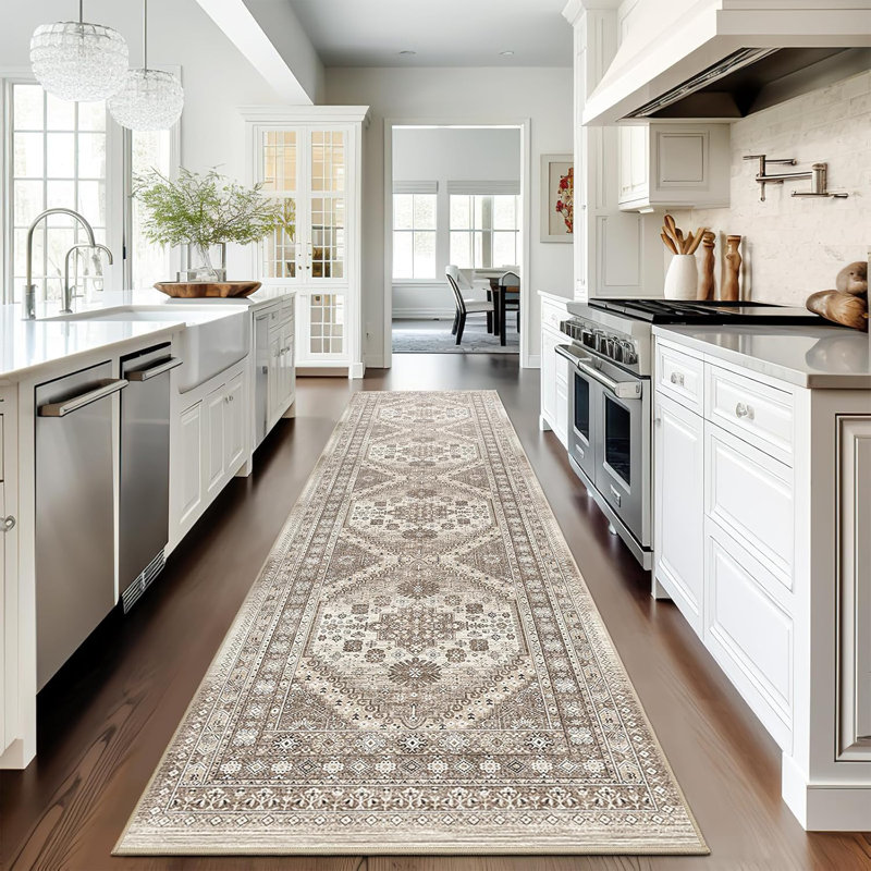 Medallion Non Slip Washable Rug(Brown), Runner 2'6" x 10'