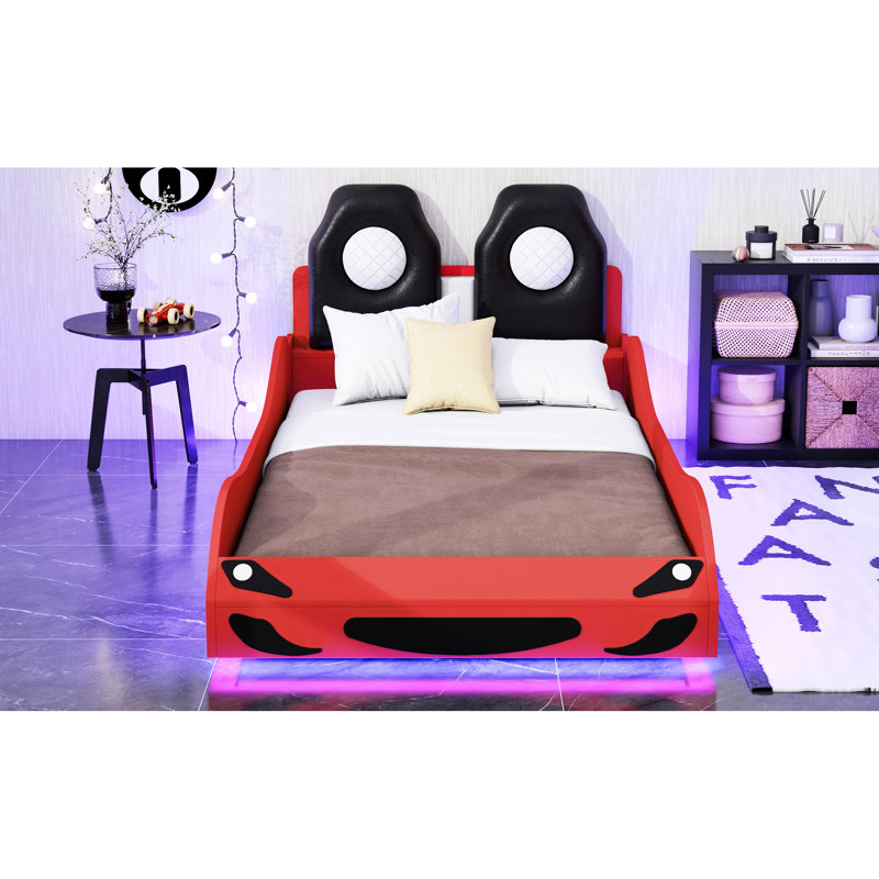 Lit de voiture de course rouge avec plateforme et éclairage d'appoint à DEL rouge