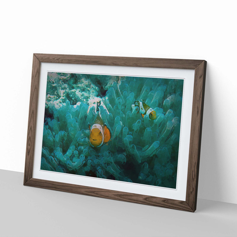 Clownfish and Sea Anemone in Abstract - Picture Frame Graphic Art Print, 48cm H x 65cm W x 2cm D, Walnut Framed