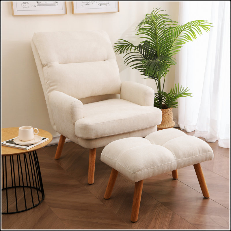 Fauteuil d'appoint confortable avec repose-pieds, fauteuil en tissu avec pieds en bois et dossier réglable pour une assise polyvalente