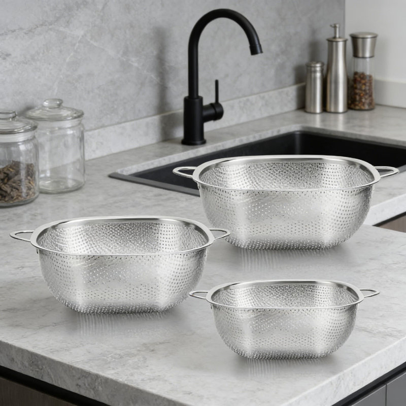 Stainless Steel Colander Set Of 3, Square Micro-Perforated Strainers With Handles For Draining Pasta, Vegetables, And Food, Dishwasher Safe With Elevated Feet For Quick Drying
