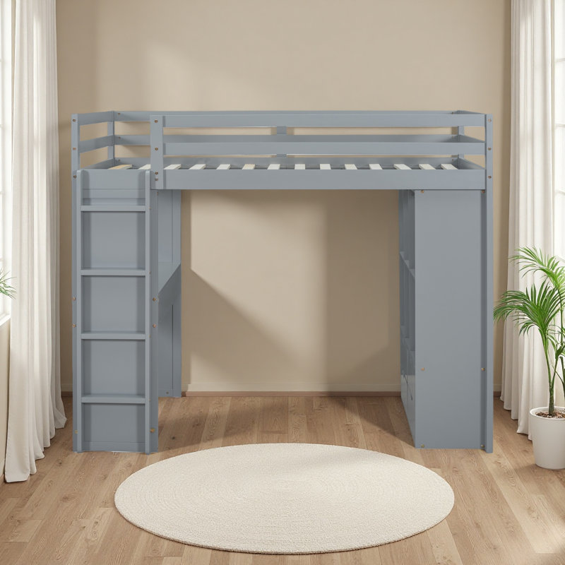 Lit mezzanine avec grandes tablettes, bureau et lumière DEL, Lit simple, Gris