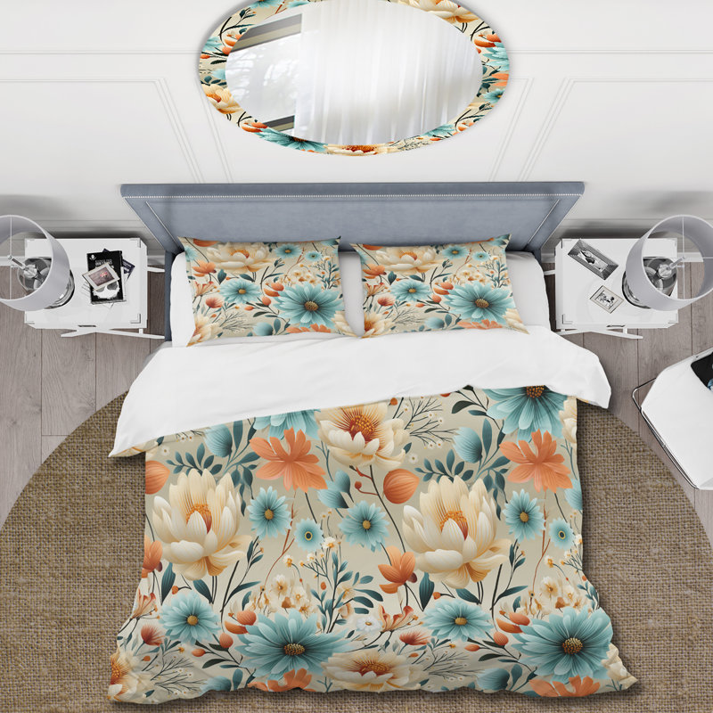 Blue Boho Floral Harmony I - Ensemble de housse de couette à motif floral, Housse de couette simple + 1 taie décorative stan