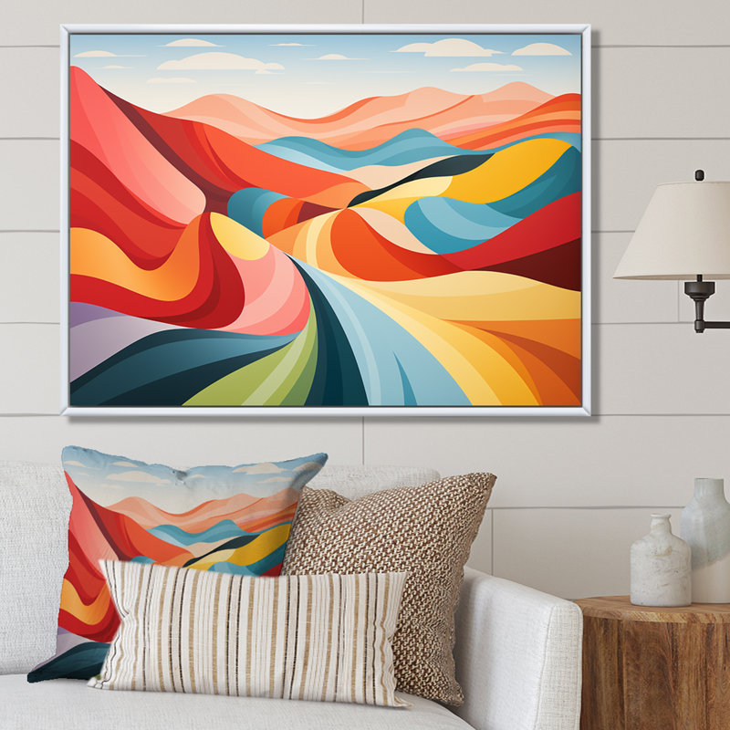 «Minimalist Multicolor Country Side Rolling II», art mural prairie, Cadre flottant brun, H 16 po x l 32 po x P 1 po