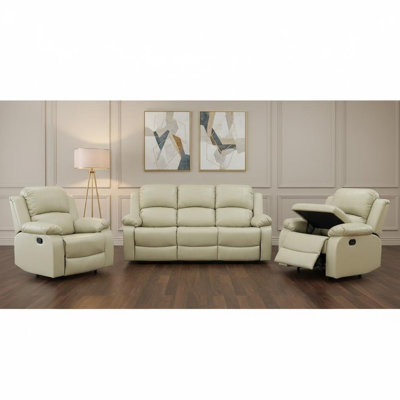 Beige Recycled Leather 3-Piece Living Room Sofa Set, Manual Reclining Sofa With Storage & Cup Holders, Breathable Leather Couch With Solid Wood Frame & Double Spring Support For Home, Apartment, Theater Room