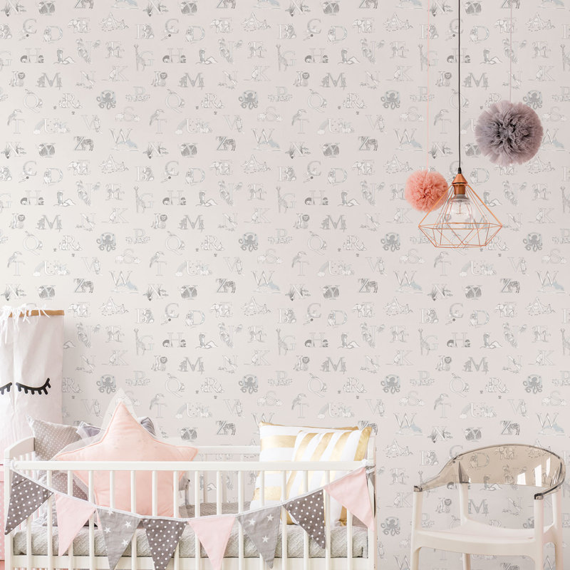 Just 4 Kids 2 Alphabet Animals 33' L x 21" W Wallpaper Roll, Gray