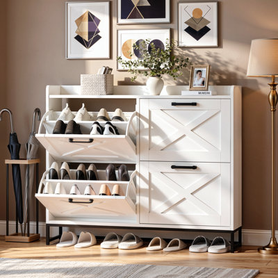 Armoire de rangement pour chaussures 47,2 po, 4 tiroirs rabattables pour 24 paires, étagère à chaussures étroite avec pieds en métal, range-chaussures autoportant en bois, pour le vestibule, le couloir ou le salon