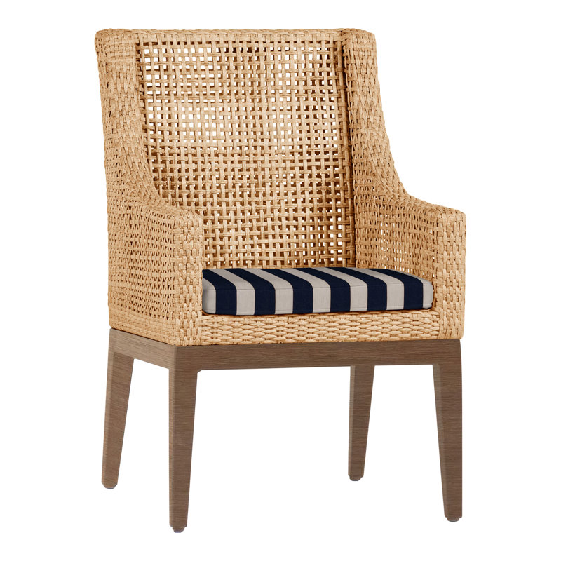 Peninsula Patio Dining Armchair with Cushions, No Welt, Cabana Stripe Navy Classic, Raffia/Sandalwood