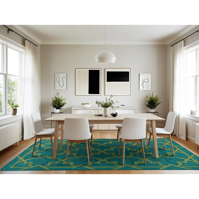 Machine Washable Trellis Green Area Rug, Rectangle 7' x 10'