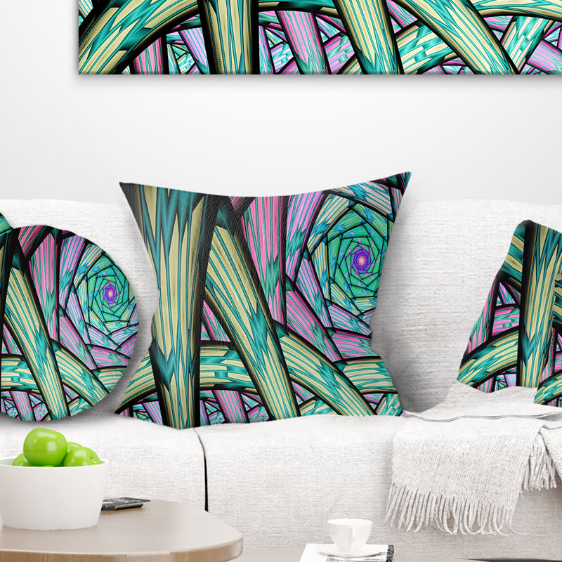 Fractal Endless Tunnel - Coussin imprimé abstrait, 18 po x 18 po, Coussin décoratif, Vert / Noir / Mauve
