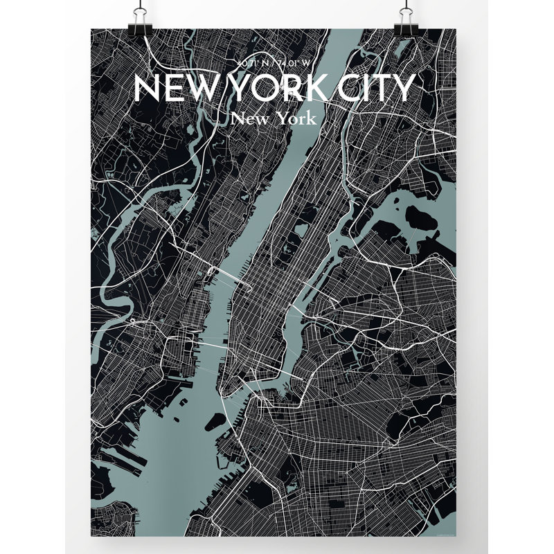 « new york city map », reproduction d’impression sur affiche en minuit, H 24 po x l 18 po