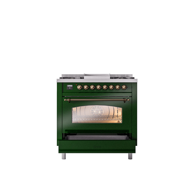 ILVE Nostalgie II 36 Dual Fuel Range, knobs, Emerald Green/Bronze, Liquid Propane