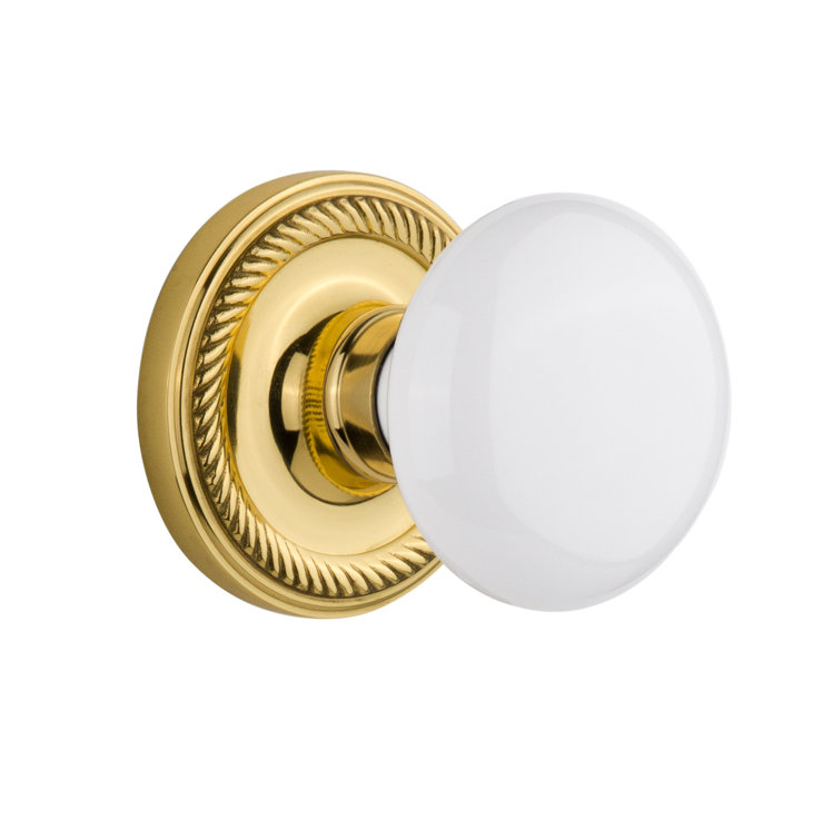 Rope Rosette with White Porcelain Door Knob, Polished Brass, 2-3/8”