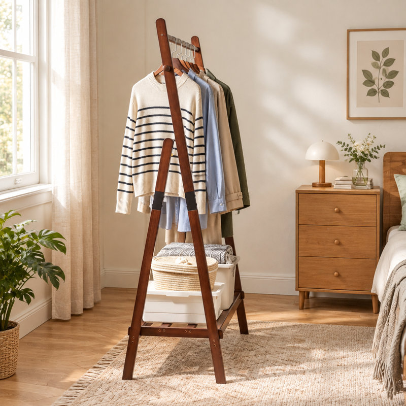 Portant à vêtements en bois massif, sur pied, en forme de A, avec étagère de rangement inférieure et crochets latéraux, organisateur de vêtements pour chambre, couloir et entrée.