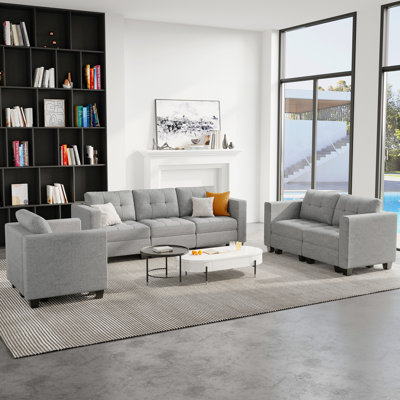 Ayden Hunsicker 3-Pieces Livingroom Linen Storage Sofa Set, Apartment Modular Sectional Couch Set, Single Armchair & 2-Seat Sofa & 3-Seat Sofa Set