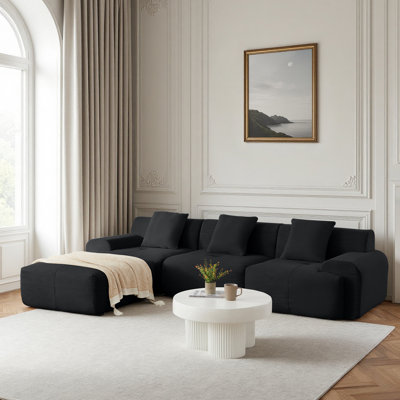 Canapé modulaire en L 113 po pour salon modulaire de 113 po, revêtement en velours côtelé noir, canapé 3 places surdimensionné avec assise profonde et repose-pieds mobile - sans assemblage