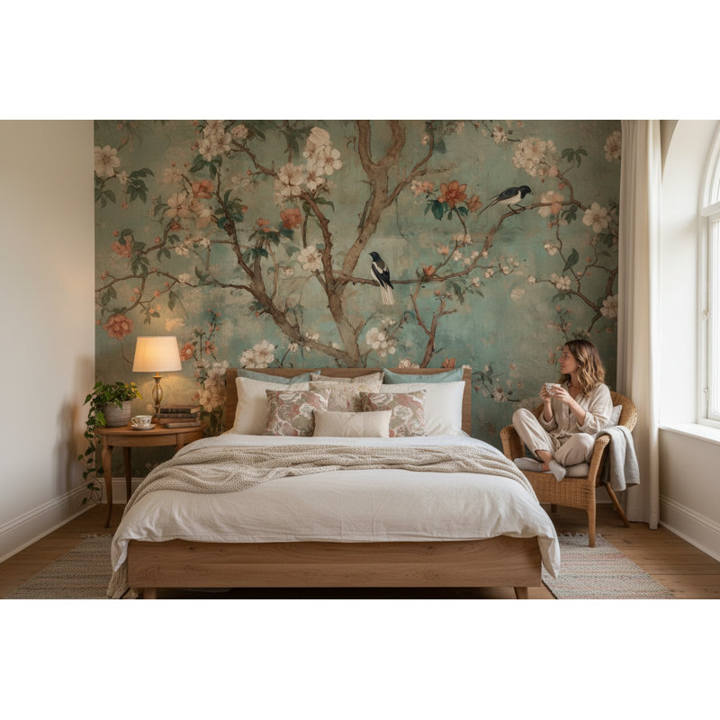 Papier peint floral rétro bleu sarcelle, 200 po L x 120 po L