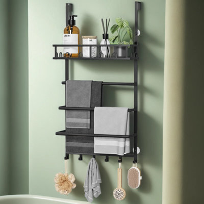 Over The Door Towel Rack With Shelf And Hooks - Space-Saving Bathroom Storage Organizer For Quick Drying Towels And Essentials