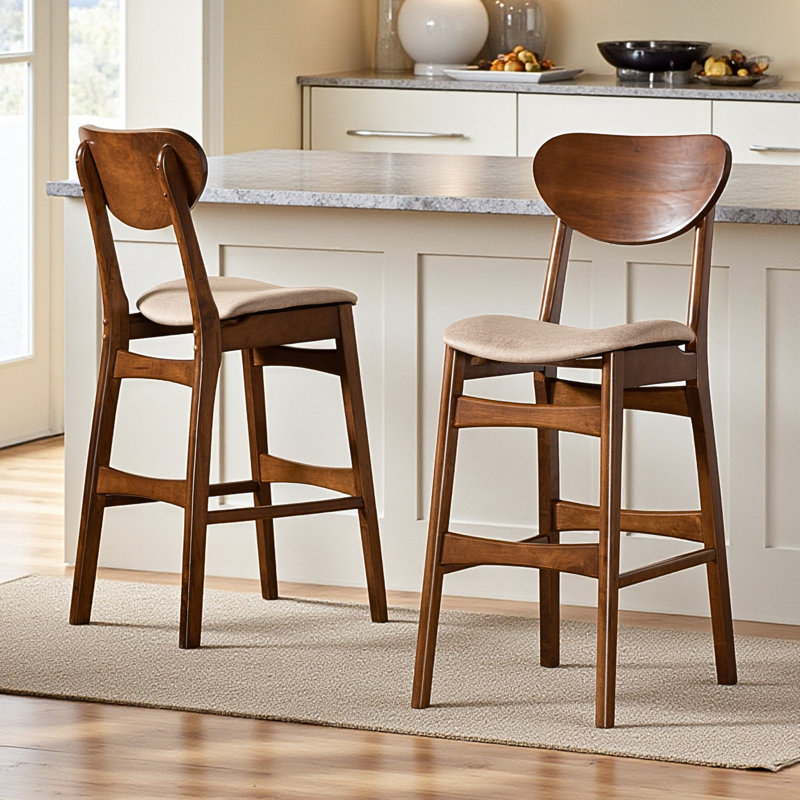 Kaitlyn Wooden Mid-Century Modern Bar Stool Set in Sand/Walnut Brown, 43.82'' H X 17.86'' W X 22.89'' D, Beige