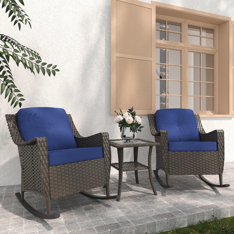 3-Piece PE Wicker Patio Rocker Set - 2 Rocking Chairs & Side Table - All-Weather, UV-Resistant with 4'' Thick Removable Cushions - Perfect for Porch, Deck & Backyard