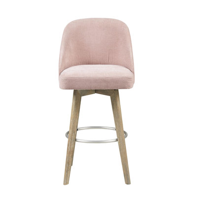 Tabouret de bar pivotant rose - Pieds en bois massif, coussin en mousse, finition métal argent mat, bois gris recyclé, repose-pieds à monter, hauteur d'assise 65,4 cm, finition