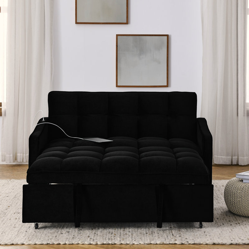 Collinward 53" W Murphy Sofa Bed Loveseat with Adjustable Tufted Back and USB Outlet, Black Velvet, 31" H x 47" W x 36.5" D